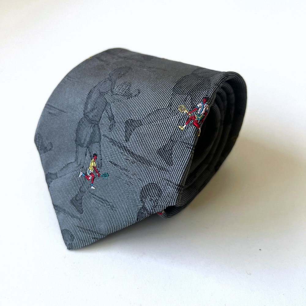 Vintage Tommy Hilfiger Tennis Player Silk Necktie Gray Sports Novelty Tie 56"